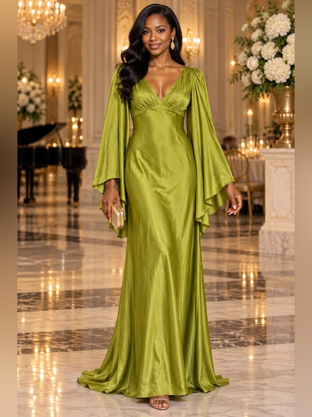 NWT Ieena Mac Duggal 68344 Apple Green Satin Bell Sleeve Gown Dress Size 2